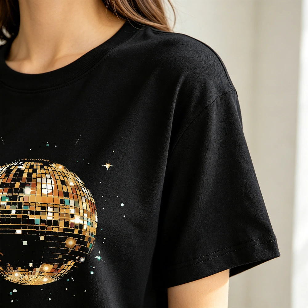 Women’s Gold Disco Ball Graphic T-Shirt Retro 70s Sparkly Party Aesthetic Tee Shiny Glittery Disco Print Casual Cotton Tshirt