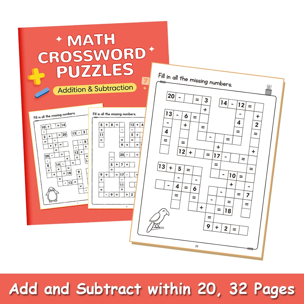32Pages/Set Addition Subtraction Within 20 Math Workbook with Answers Mathematical Crossword Puzzles Practice Book for Kids