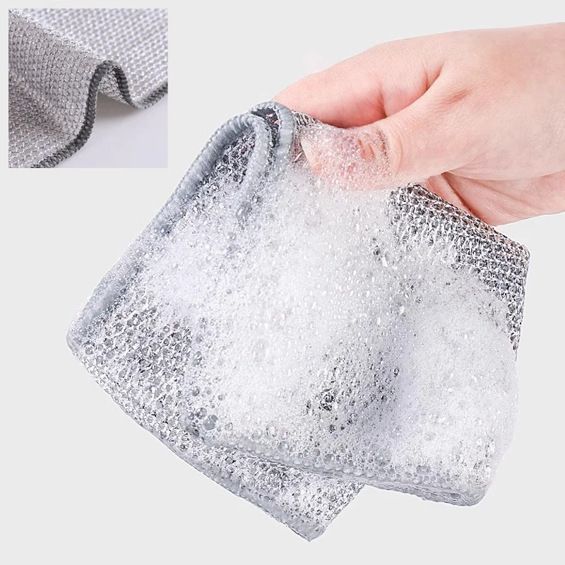 Magic Dishcloth Silver Wire Kitchen Cleaning Cloth Goods Thickened Microfiber Wash Towel Built-in Sponge Stainless Steel Sponge