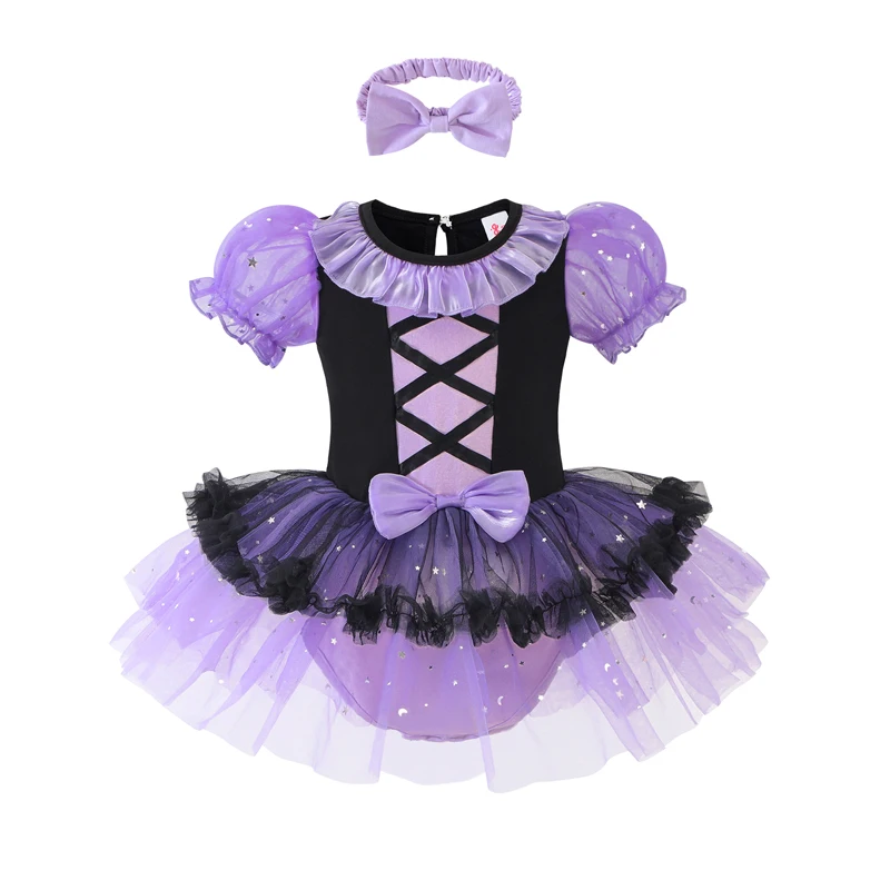 Girls Purple and Black Color Matching Princess Dress Kids Lace Embellished Bubble Crawl Costume Halloween Dress Up