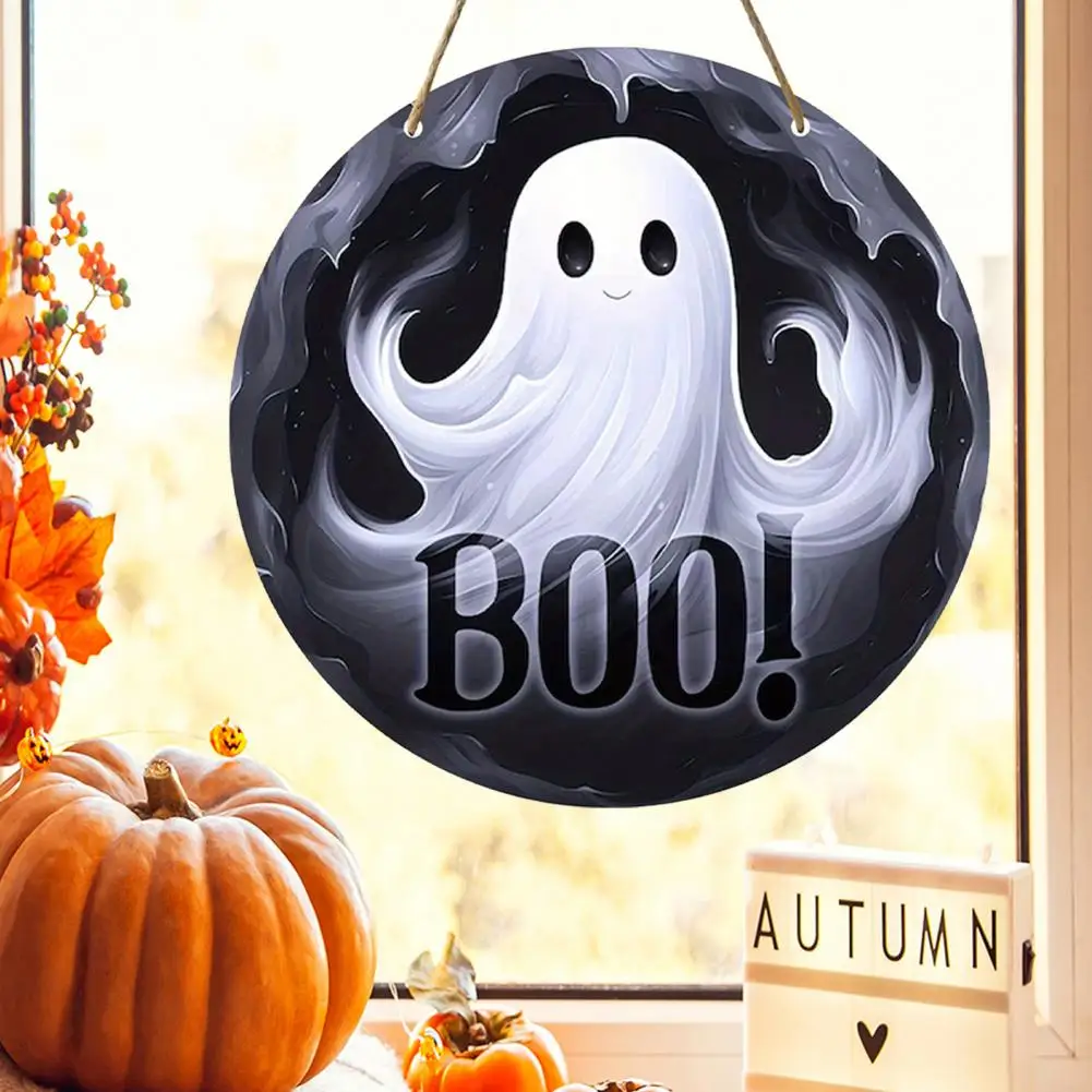 Seasonal Door Decoration Spooky Halloween Wooden Door Sign with Ghost Pumpkin Witch Gnome Round Door Hanger for Front for A