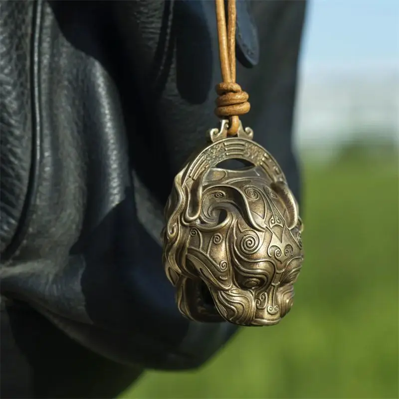 Solid Brass Tiger Head Bell Small Ornament Bagua Seven Star Talisman Amulet Pendant Charm Desk Display Vintage Collectible