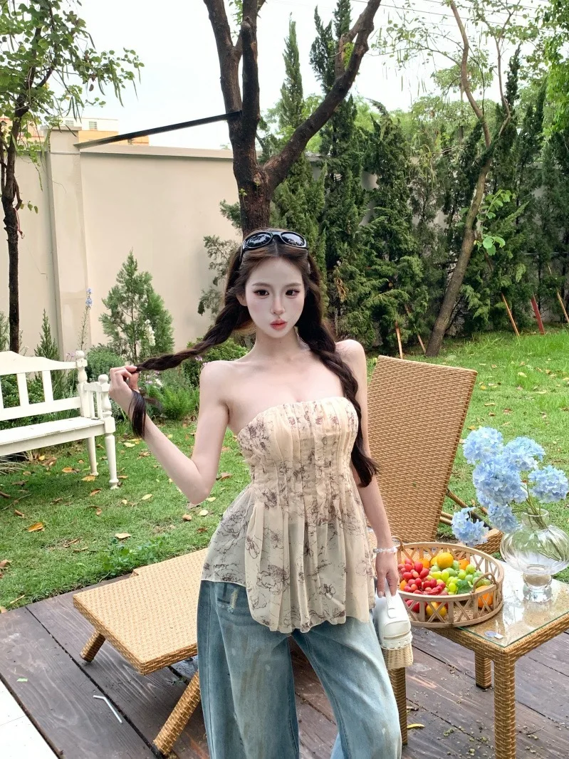 

RIZZMA Летний дизайнерский топ с открытыми плечами и принтом, облегающий, без рукавов, в стиле бюстье, модный, для повседневной носки