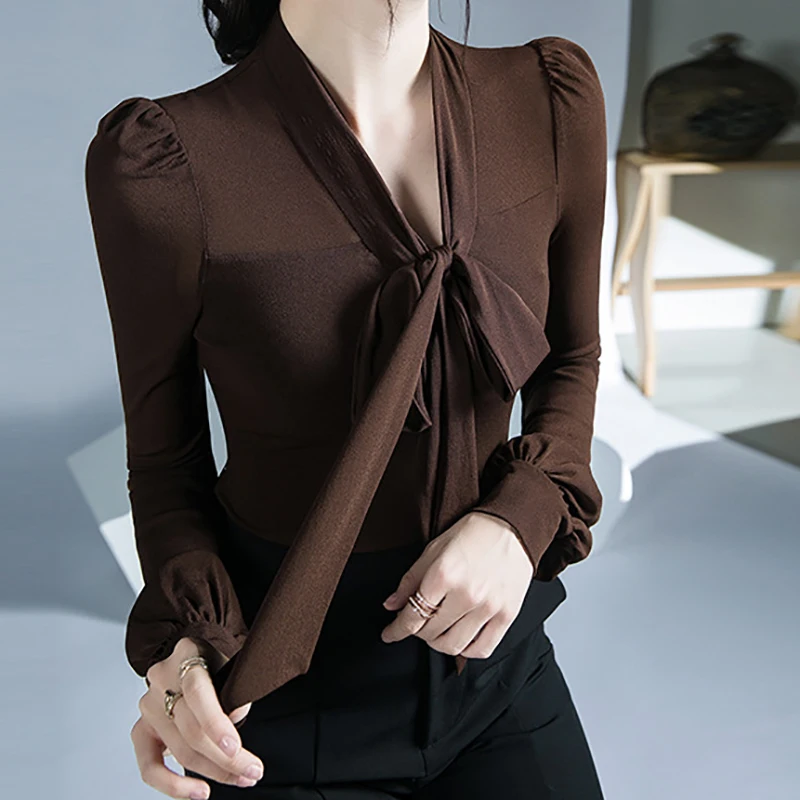 

EVNISI Women Elegant Chiffon Blouse V-neck Long Sleeve Mesh Spliced Knit Shirt Bottoming Shirts Women 2024 Autumn Streetwear