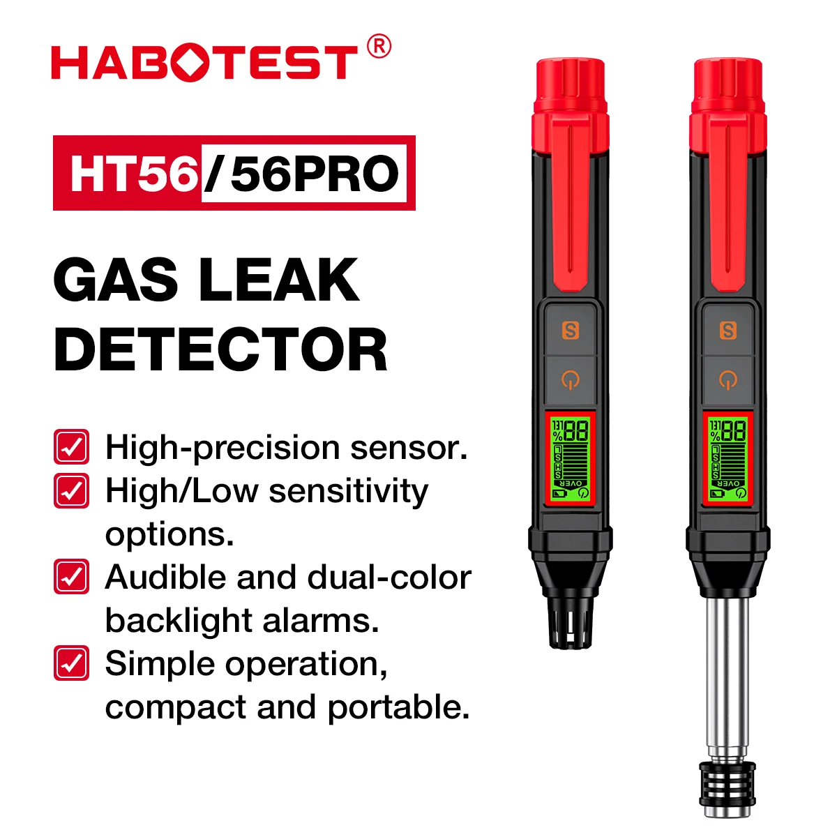 HT56/HT56Pro Gas Leak Detector with Audible & Visual Alarm 100-1000PPM Portable LED Screen Methane Leak Indicator Kitchen Use