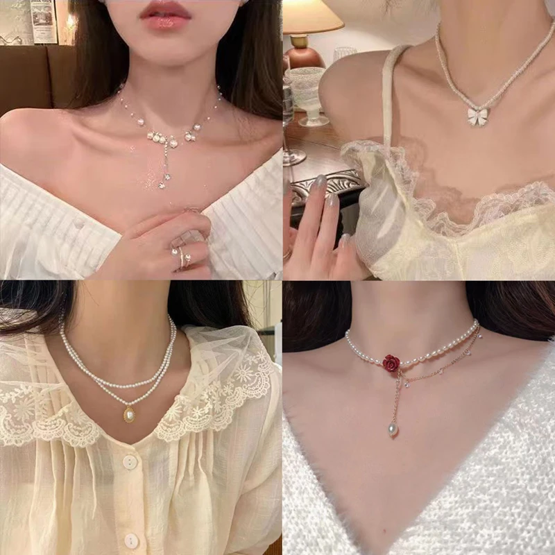 Elegant Light Luxury Pearl Necklace Pendant Choker For Women Party Wearing Accessories Jewelry Gifts Collarbone Chain Versatile