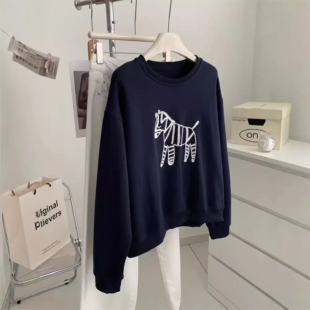 White Navy Blue Pony Jacquard Round Neck Sweatshirt Women Loose Korean Wool Cotton Pullover Top