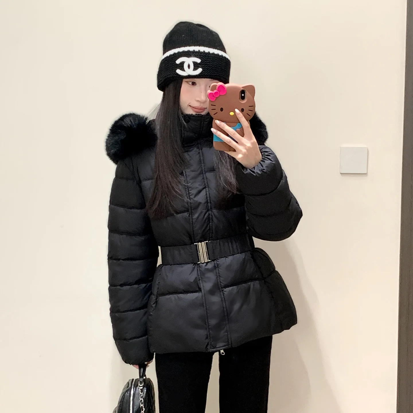 Winter Women Parka Thickened Insulated Windproof Padded Jacket Solid Hooded Fur Collar Elastic Belt Waist Quilted Warm Outerwear