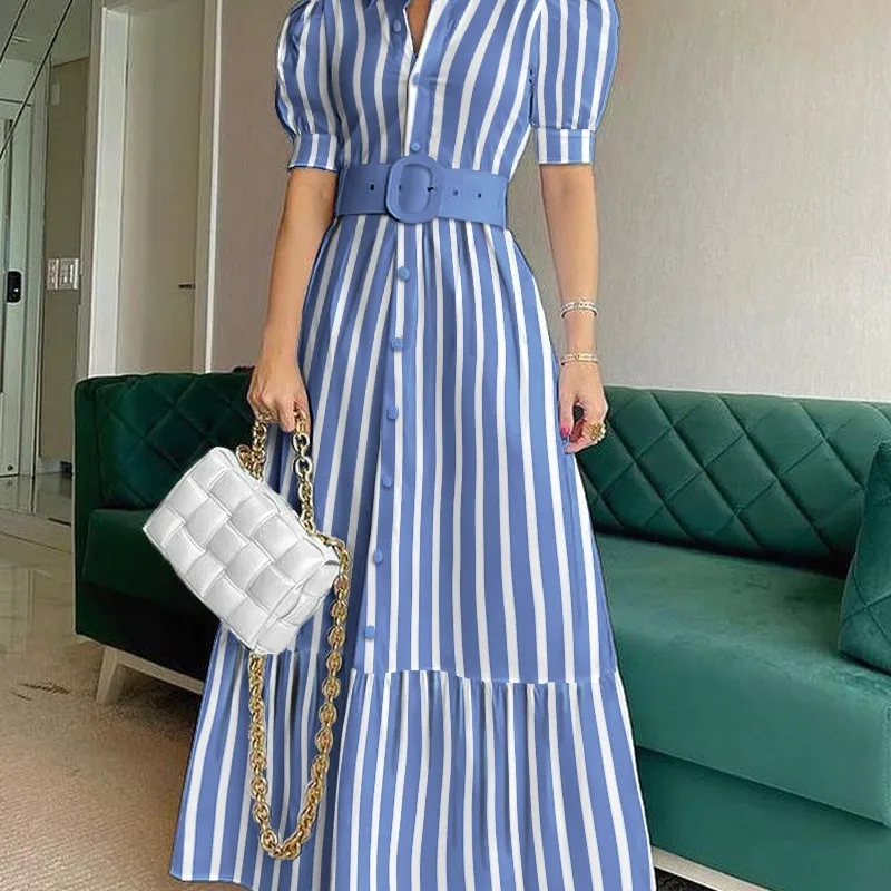 2023 New High Waist Temperament Solid Color Mid length Skirt Slim Fit Bubble Sleeve Dress with Belt robe longue summer