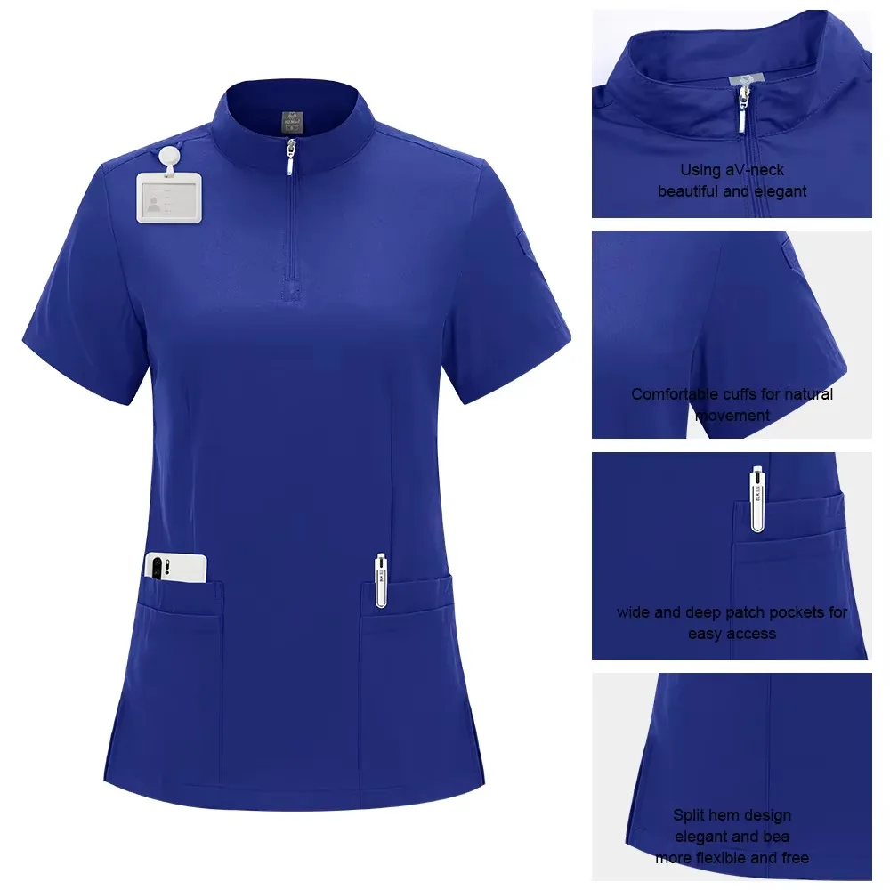 Collar Zipper Doctor Nurse Work Uniform Hospital Medical Surgical Gown Operating Room Straight Leg Pants Solid Color Scrub Sets