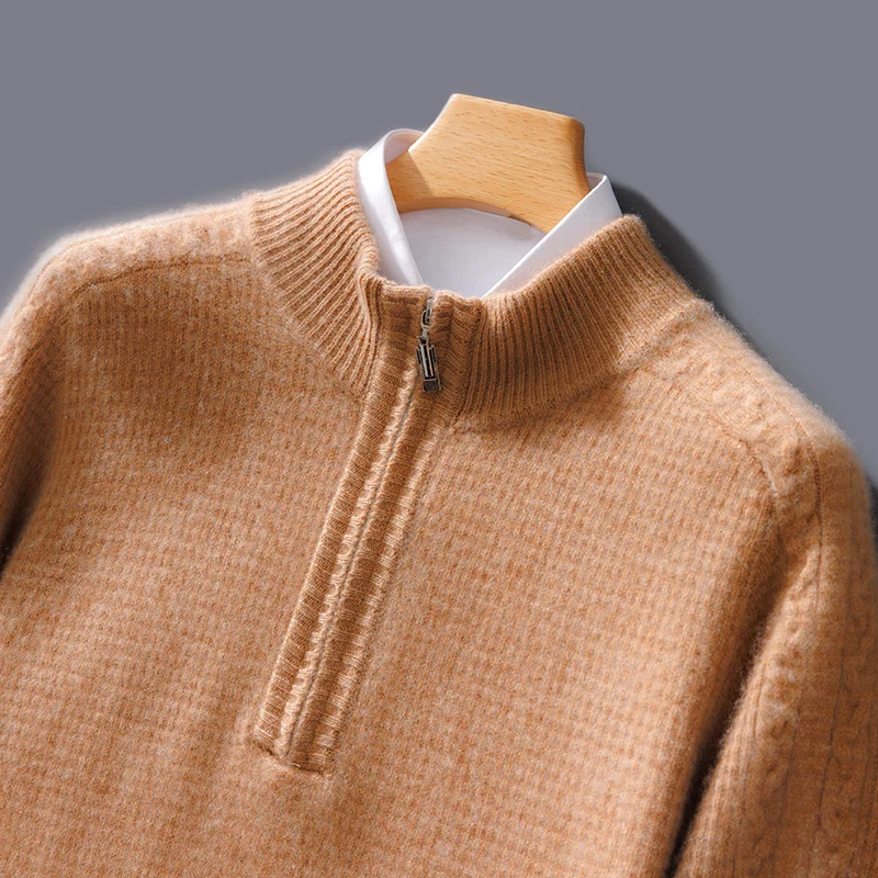 Semi-High Neck Zipper Pullover Cashmere Sweater Long Sleeve Men\'s Sweater Loose Solid Color Wool Casual Knitting Bottoming