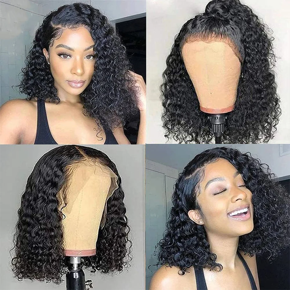 Glueless Wigs Short Bob Wig Water Wave Lace Front Human Hair Wigs For Black Woman 180% Brazilian Kinky Curly Frontal Closure Wig image 2