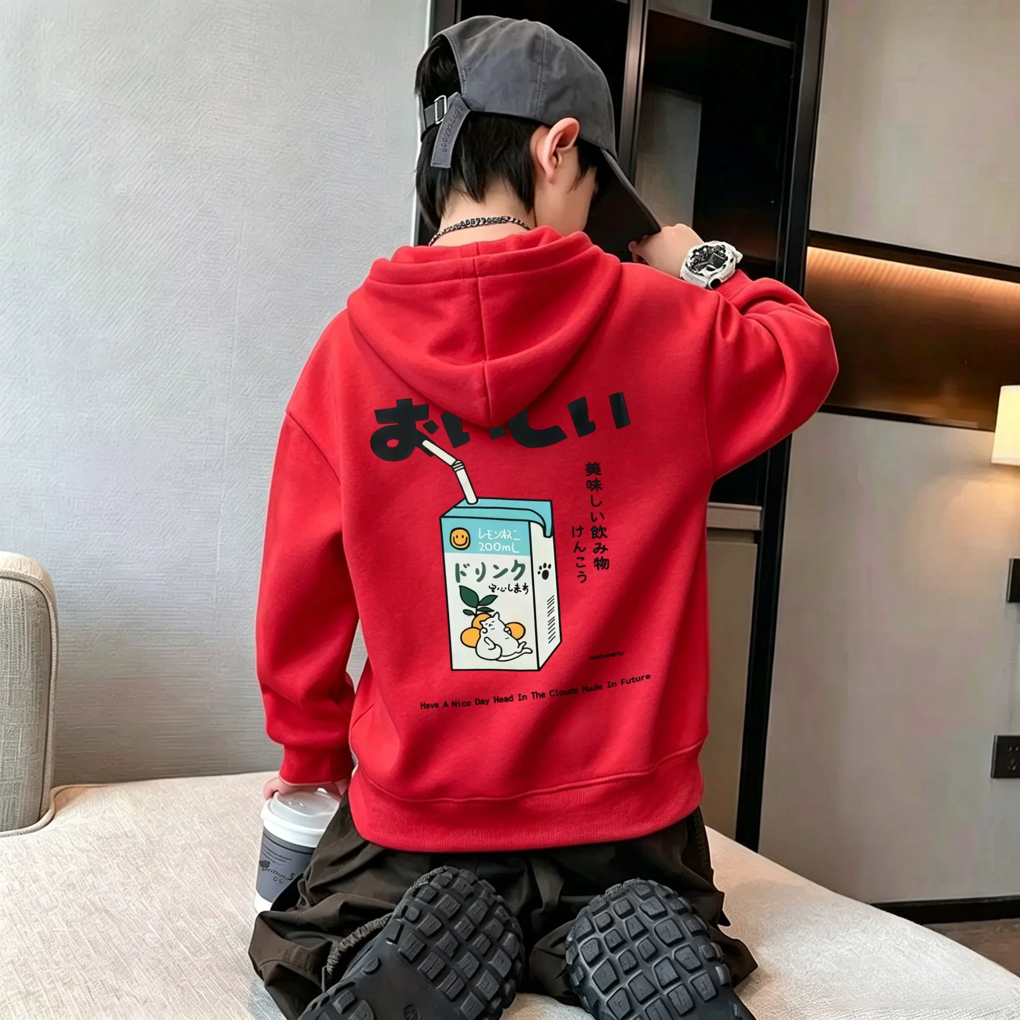 Autumn Winter Kids Hoodie Cute Japanese Cartoon Cat Drink Box Back Graphic Print Boys Girls Casual Pullover Sweatshirt