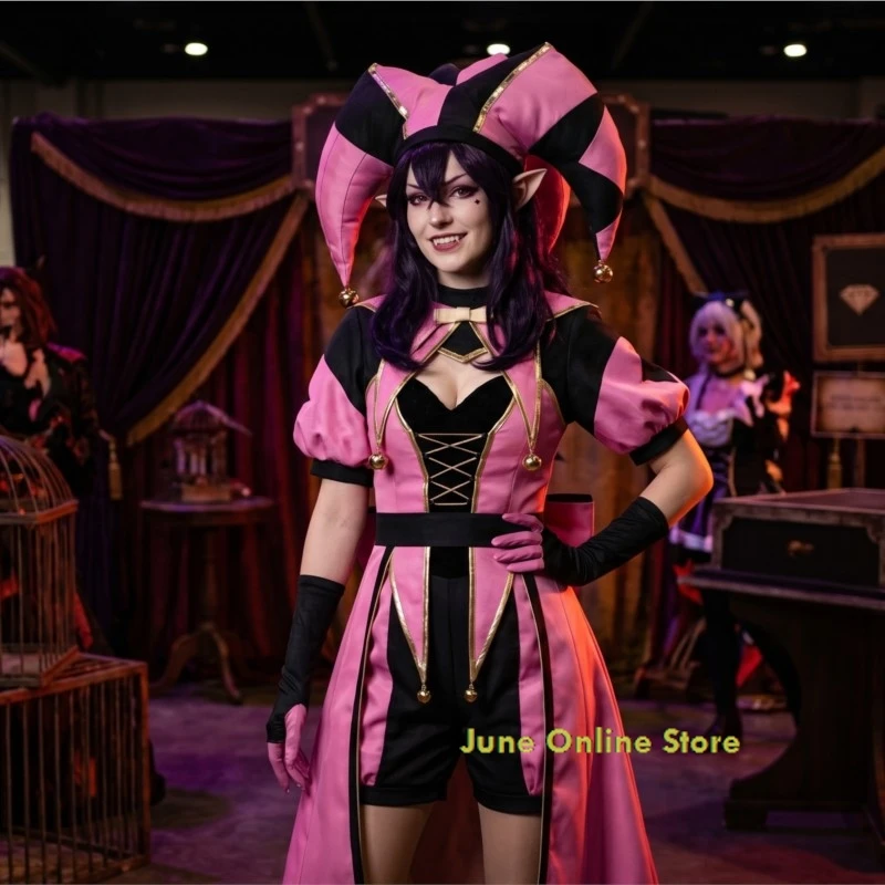 

The Freak Circus Columbina Pink Clown Costume-Yandere Horror Outfit, Adult Scary Halloween Suit with Ticket Theme