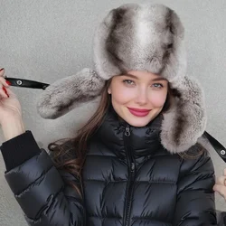 Real sheep leather Hat with Rex Rabbit Fur for women  Eskimo Russian Bomber Hat With Ear Flaps winter warm outdoor 240419