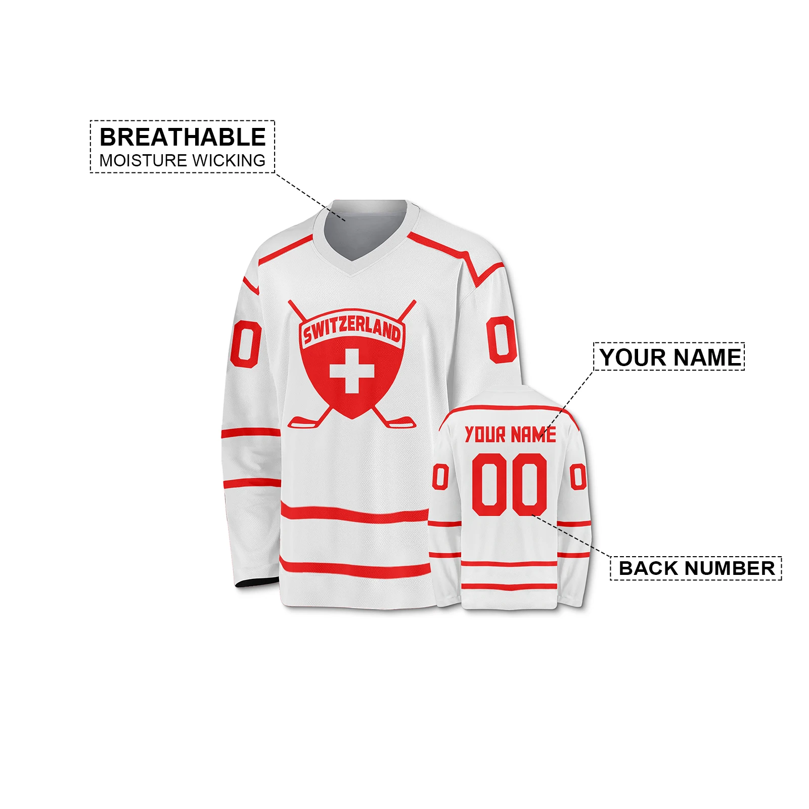 Switzerland Custom Hockey Jersey with Name Number Personalized Swiss Team Shirt for Men Women Youth Kids Fans Ice Hockey Uniform