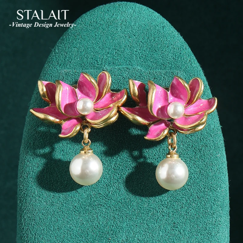 

Vintage Pink Lotus Flower Drop Pearl Earrings Dangle Gold Color Accessories For Woman Jewelry Luxury Designer Antique 2025 New