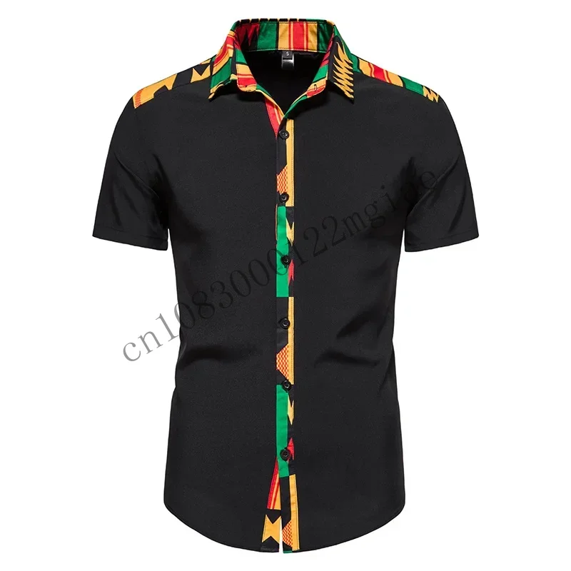 African Kente Print Shirt Short Sleeves Summer Men'S 2024 Fashion Patchwork Button Turn Traditional Dashiki Casual Work T CMM221