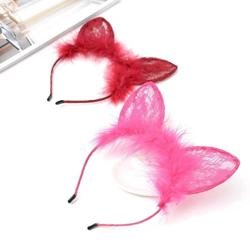 1Pc Cat Ears Feathers Lace Fox Ears Headbands Women Cute Costume Kids Hairbands Dance Party Headwear Hair Accessories