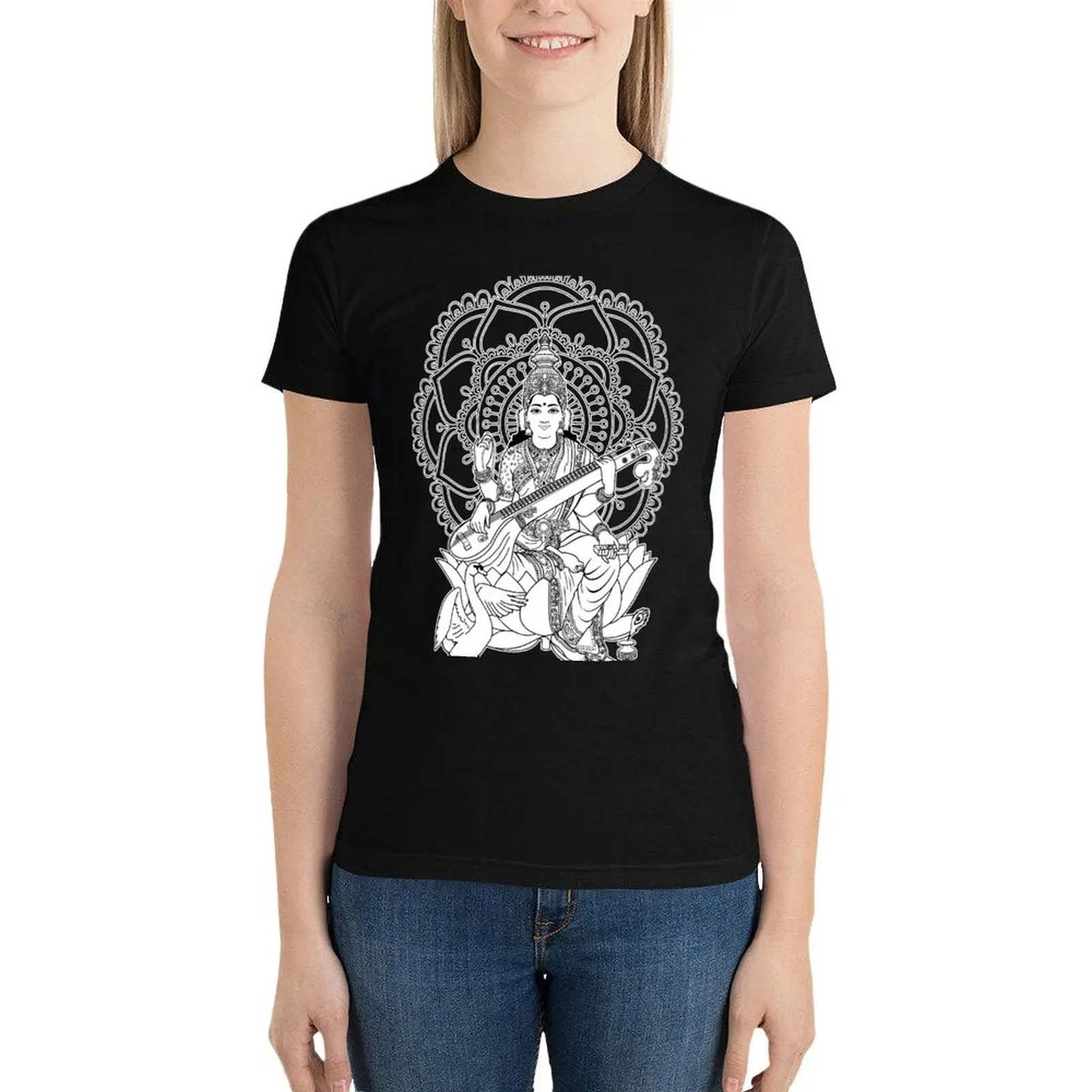 

Saraswati or Sarasvati - goddess of knowledge T-Shirt summer top funny anime clothes black t-shirts for Women