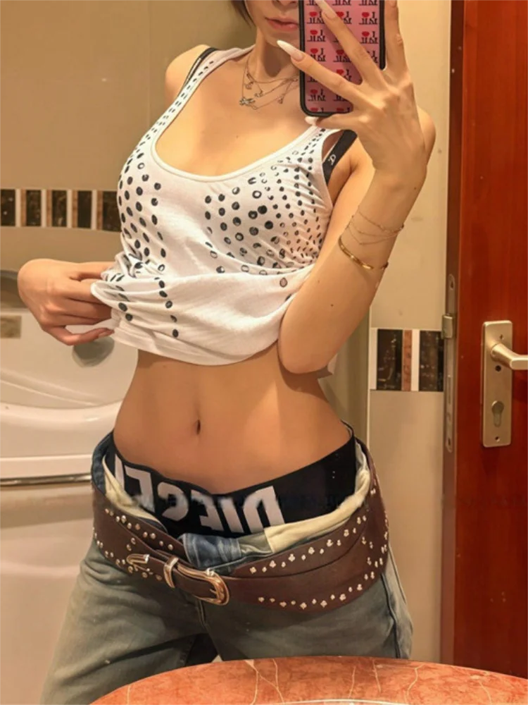Y2k Clothing American Hot Girl Tank Top Women Summer Wear Sequins Design Sleeveless Tank Top Retro Streetwear Slim Tops