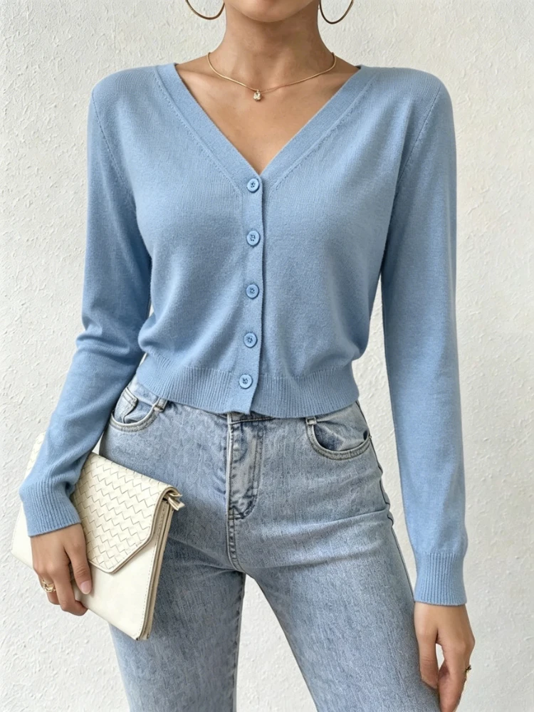 Ladies Wine Red Solid Knit Cardigan Jacket V‑Neck Button Elastic Long Sleeve Soft Casual Women Fashion Outerwear Coat Crop Top