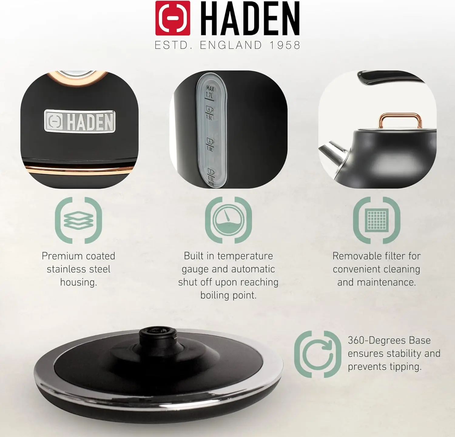 Dorset 1.7리터 스테인리스 스틸 전기 주전자(360도 베이스 포함), 4슬라이스 와이드 슬롯 스테인리스 스틸 토스터, Bl