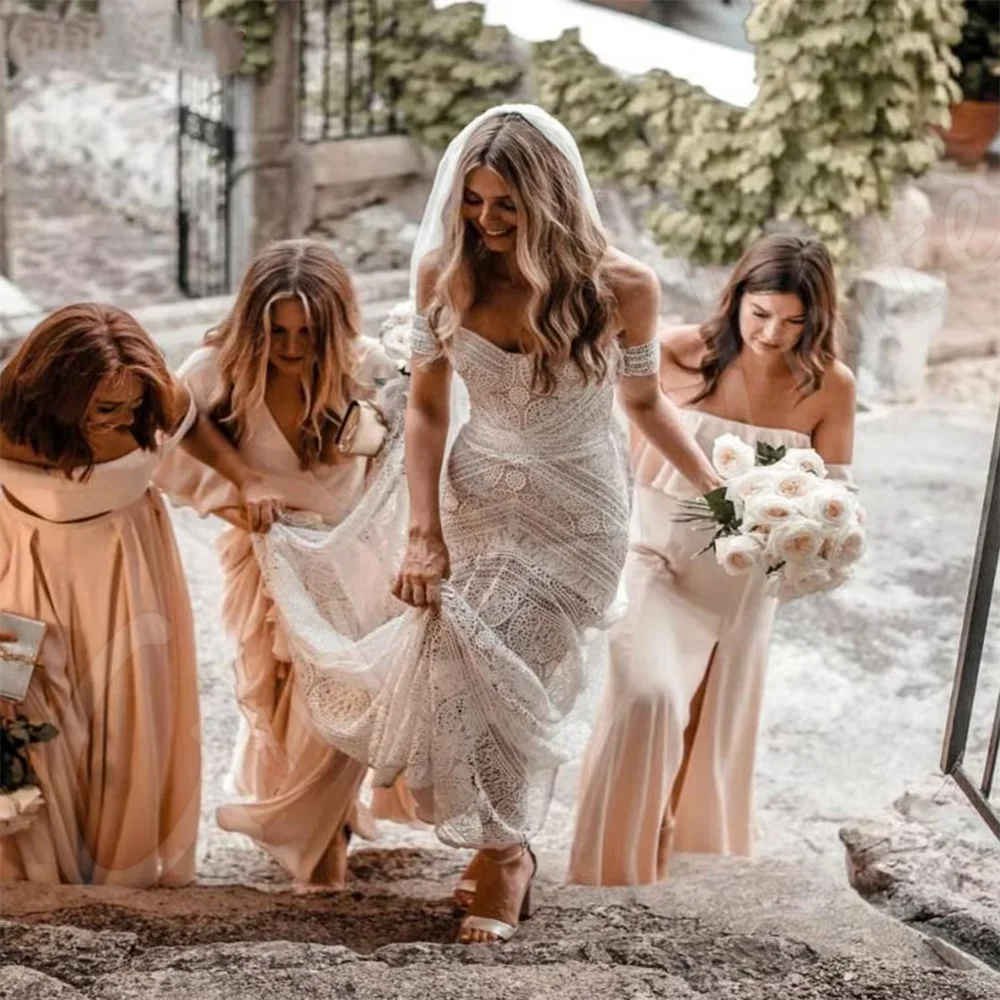 Bohomian zeemeermin trouwjurken sexy uit de schouder strand bruid gewaden kant applique trein bruidsjurken vestidos de novia