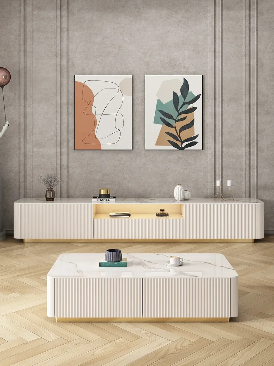 Light luxury shiny stone flat tea table TV cabinet combination living room home minimalist floor white