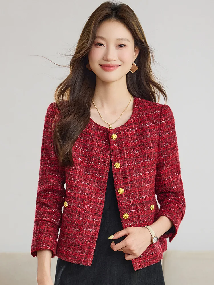 معطف قصير من الصوف الأحمر اللامع على الطراز الفرنسي للنساء سترة تويد منسوجة يدويًا للربيع