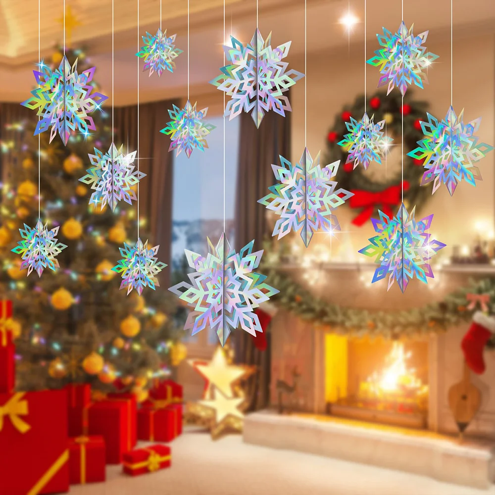 6Pcs Christmas 3D Hanging Snowflakes Iridescent Paper Rainbow Snow Flakes Winter Frozen Birthday Party Decorations