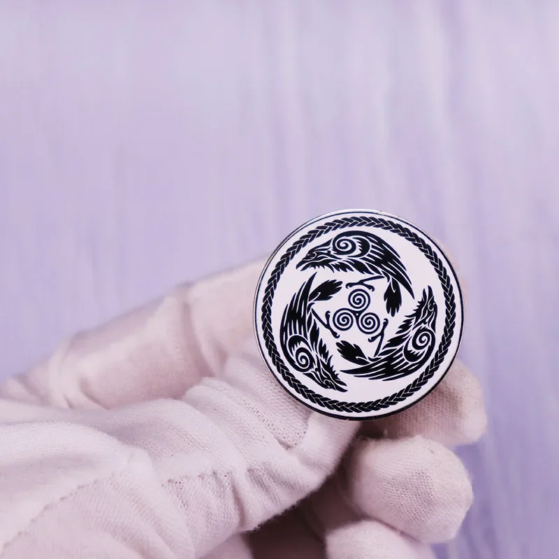 Morrigan Ravens enamel pin Common raven Norse-Celtic symbols Viking art button jewelry accessories
