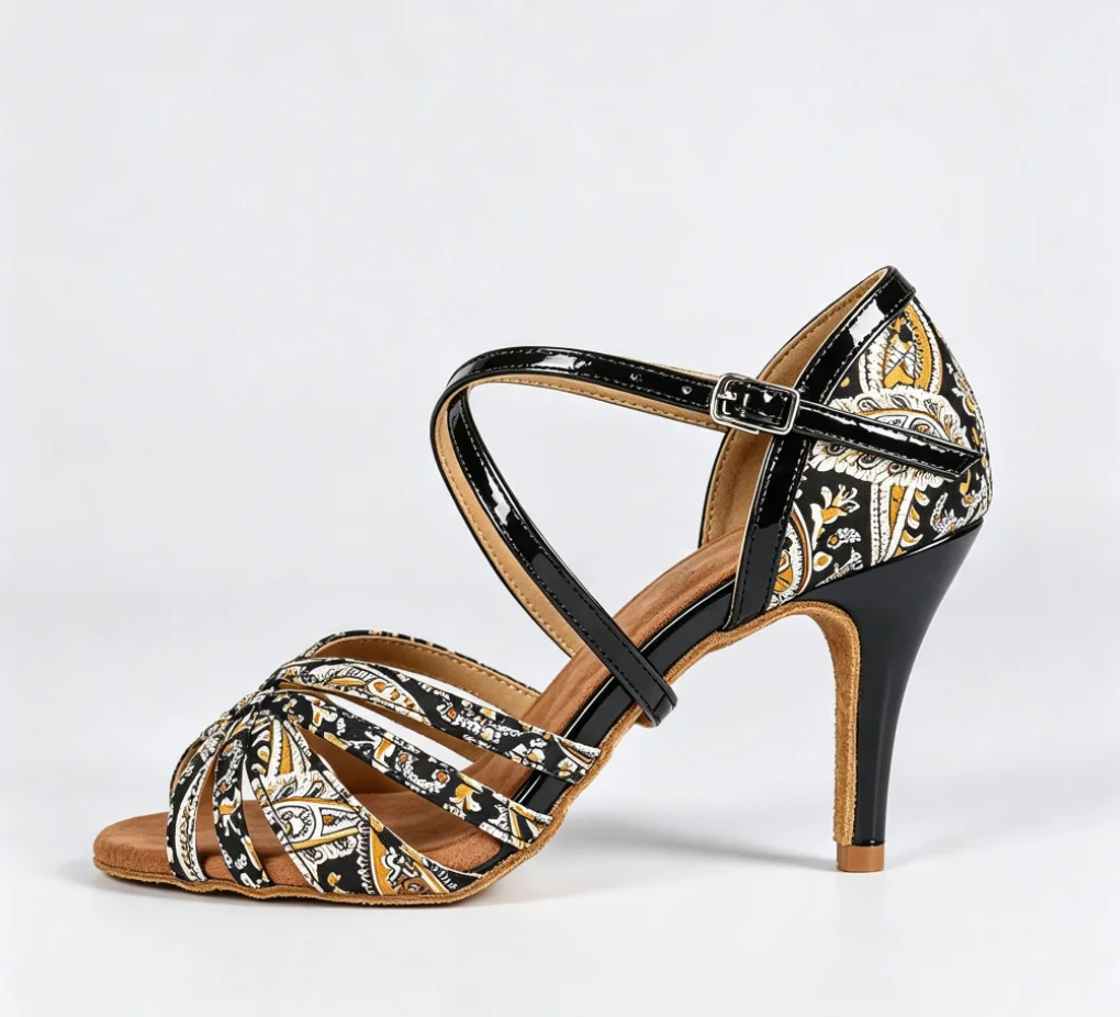Evk Women's Black Yellow Floral Print Latin Dance Shoes Cross Strap Adjustable Buckle High Heel Sandals for Salsa Tango Ballroom