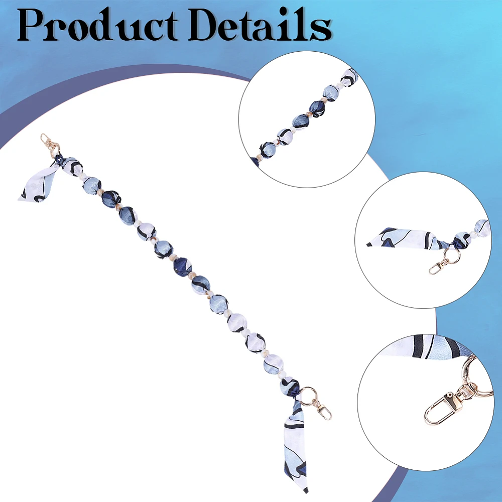1Pc Cloth Phone Hand Strap Chains with Metal Swivel Clasps and Plastic Beads Round Golden Marine Blue 687mm - view 6