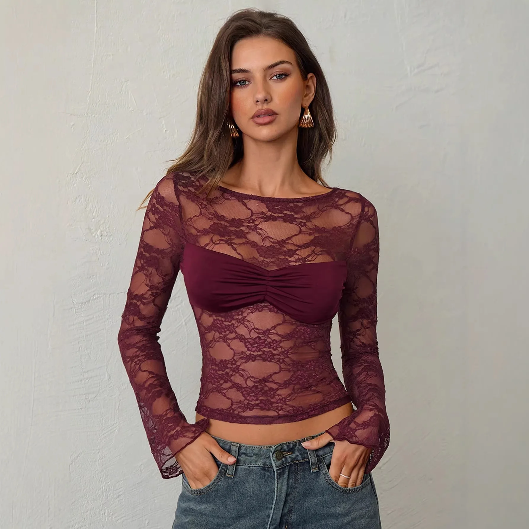 Women Sheer Lace Cropped Long Sleeve T‑Shirt Twist Bandeau Inner Flare Sleeve Slim Y2K Female Tee Tops
