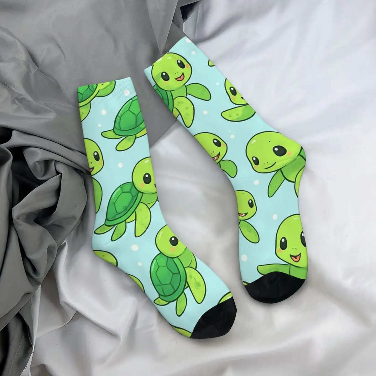All Seasons Crew Stockings Cute Cartoon Green Turtle Socks Fashion Long Socks for Men Women Valentine's Day Gifts