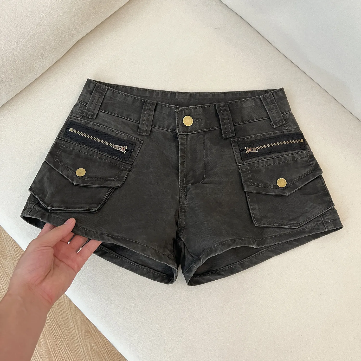 Summer Vintage Distressed Denim Shorts American Casual Fashion Street Workwear Style Multi Pocket Zipper Women's Slim Hot Pants