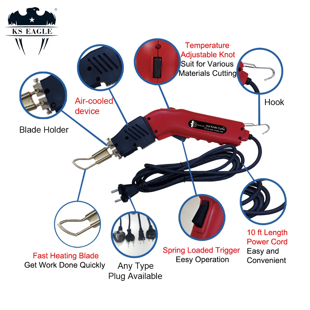 KS EAGLE Electric Hot Knife Rope Cutter Fabric Cutting Tool Heat Cutter 80W Heat Cutter Knife for Cloth KT Board Webbing Cutter