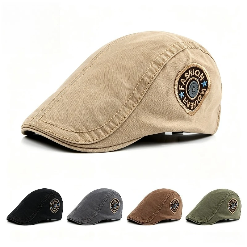 Retro Embroidery Patch Flat Cap For Men, Back Strap Ivy Newsboy Hat, Solid Soft Casual Headwear For Driving Daily Outdoor Wear