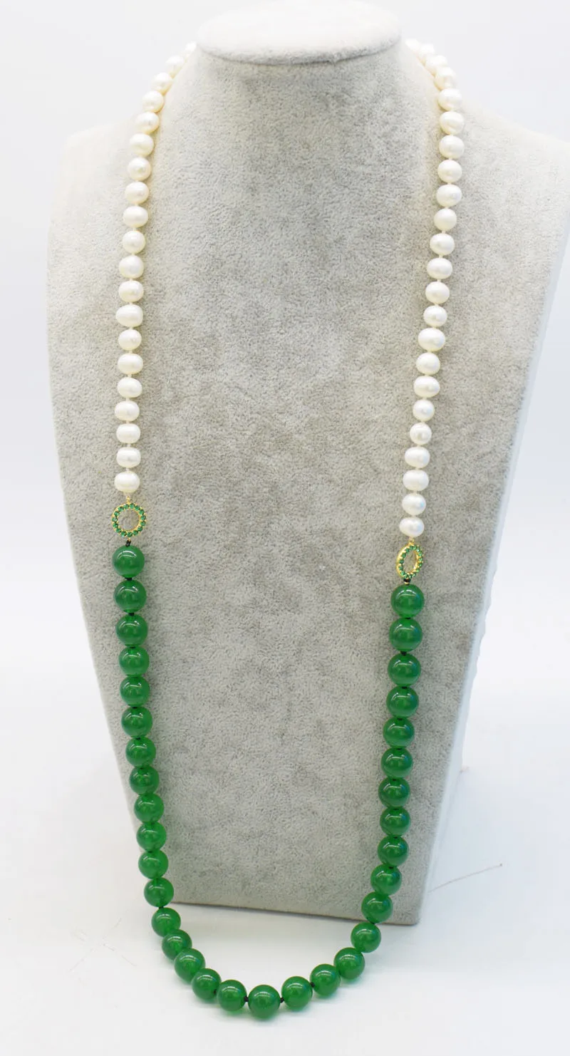 

freshwater pearl near round 8-9mm and green/red jade 12mm necklace nature wholesale beads 32inch