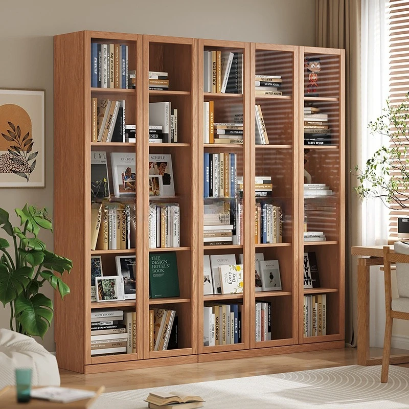 Solid wood living room bookshelf integrated full-wall glass door storage display cabinet, study wall-mounted bookshelf storage