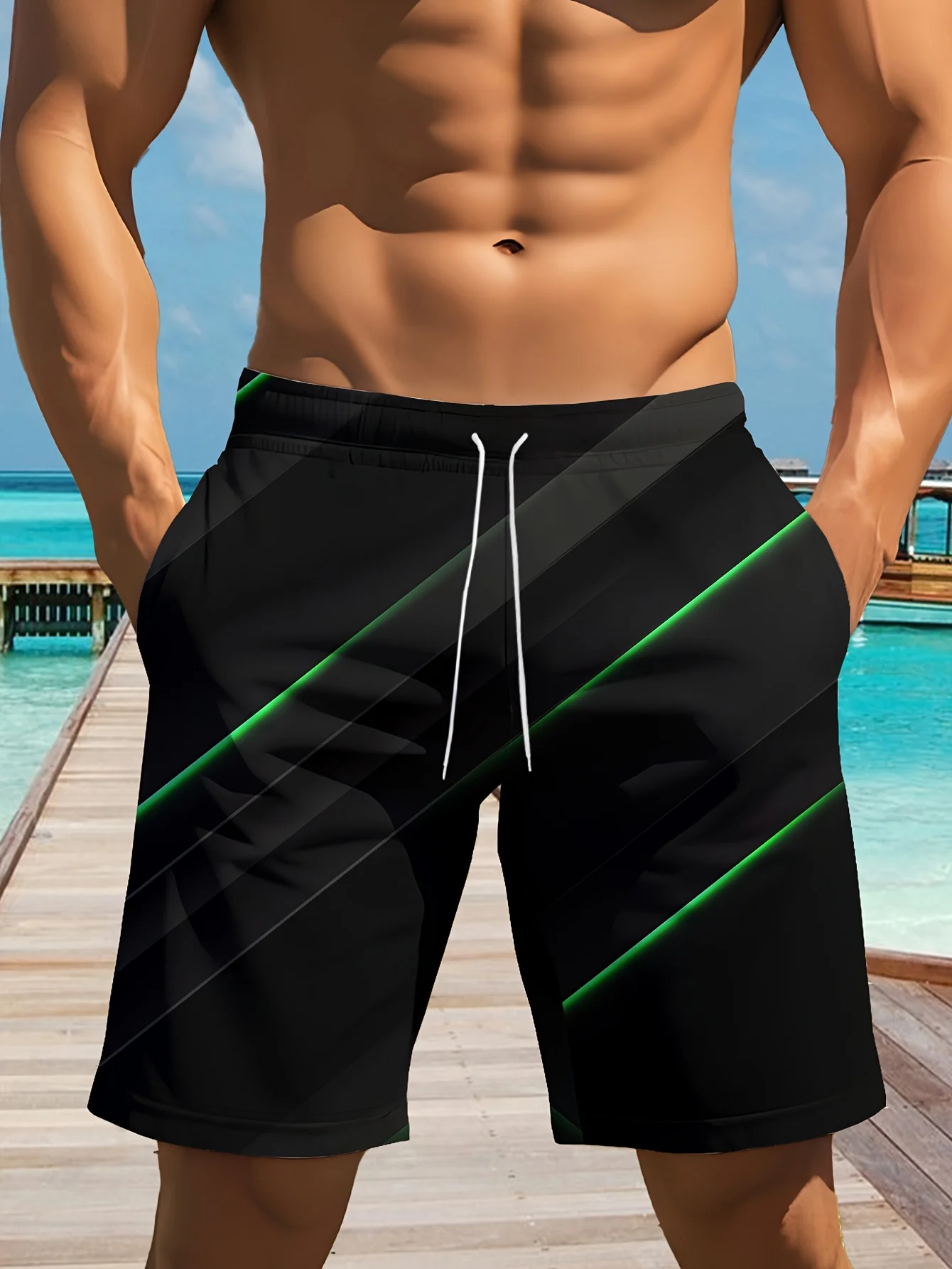 

Новые мужские эластичные плавательные шорты с текстурным принтом 2026 года - летние быстросохнущие пляжные шорты с карманами на шнурке и сетчатыми вставками