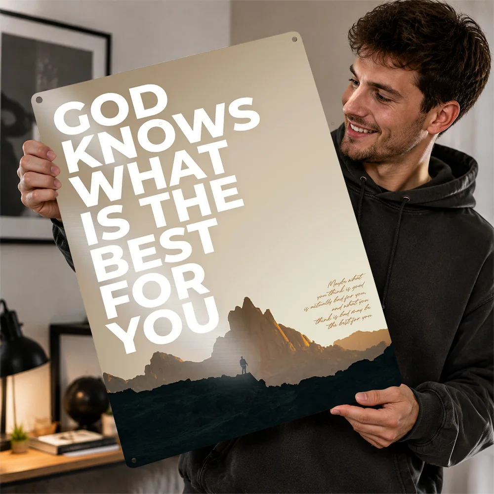 God Knows Best Mountain Quote Printed Poster Typography Wall Art For Study Personalized Aluminum Metal Sign Encouragement Gift