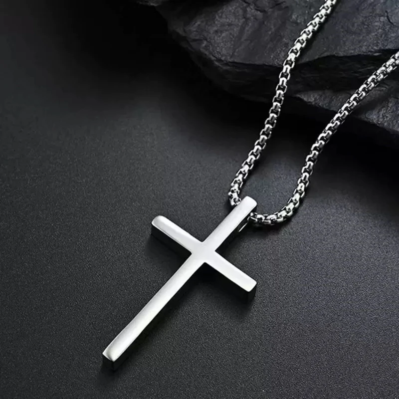 Hip Hop Trend Cross Pendant Necklace for Men Simple Punk Silver Color Titanium Steel Chain Versatile Street Jewelry Accessories image 4