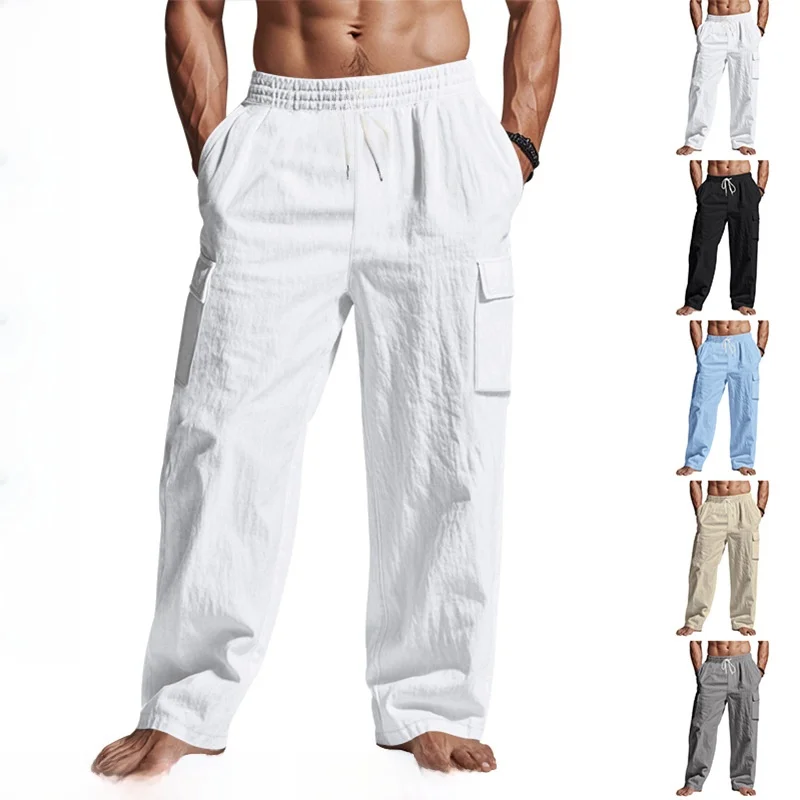 

Мужские льняные брюки прямого кроя, весенне-осенние повседневные брюки свободного покроя с несколькими карманами, без фирменной торговой марки