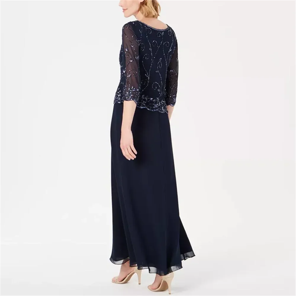 Navy Blue Beads Crystals Mother of the Bride Dresses 3/4 Sleeve Ankle Length Wedding Guest Dress A Line Prom Party Go