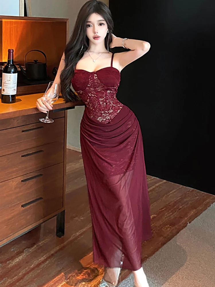 Verano rojo malla Patchwork encaje elegante Sling vestido largo mujeres coreano Vintage vestido de fiesta de baile de lujo 2025 elegante ceñido Vestidos