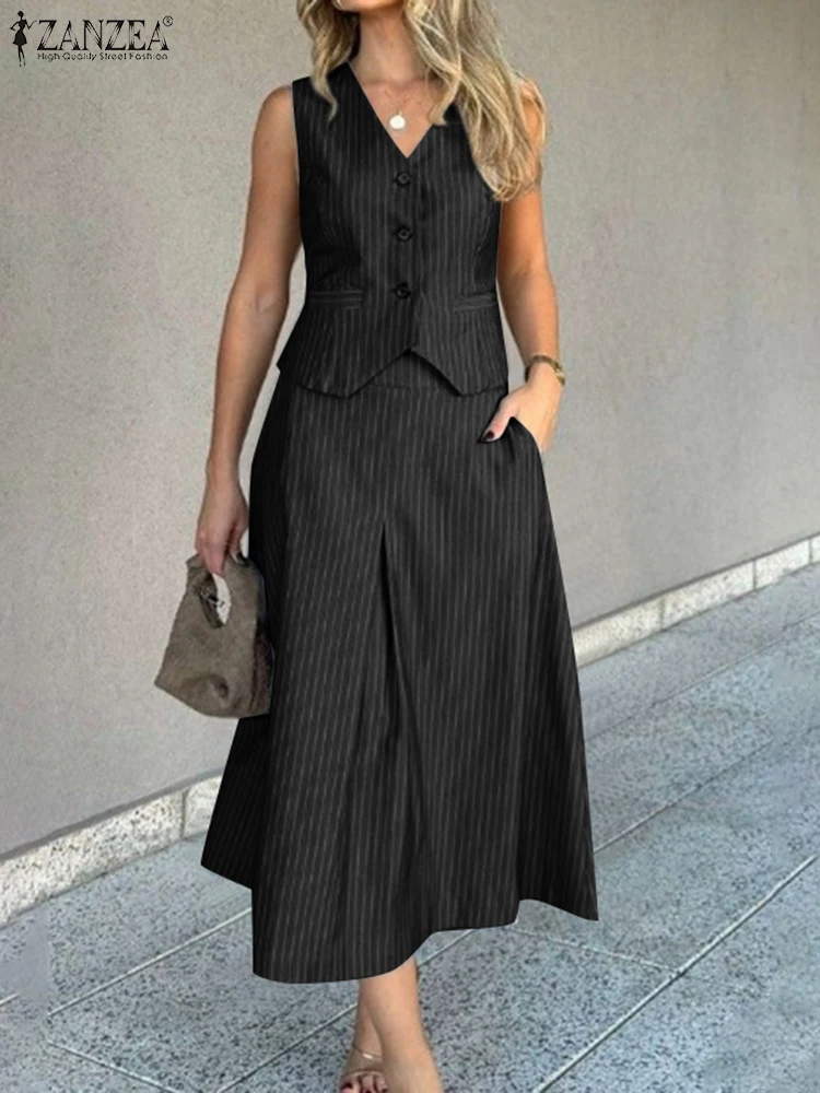 

Women Office Lady Dress Set Vintage ZANZEA Summer Tank High Waist Skirt Suit 2025 Fashion Striped Printed Pleating Pocket Outfit