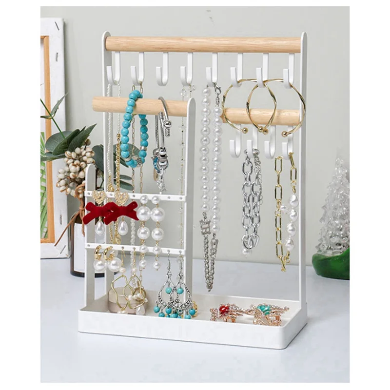 Jewelry Organizer Stand Necklace Holder, Jewelry Tower Rack with Earring Tray and Holes, Necklaces Hanging Tree Display