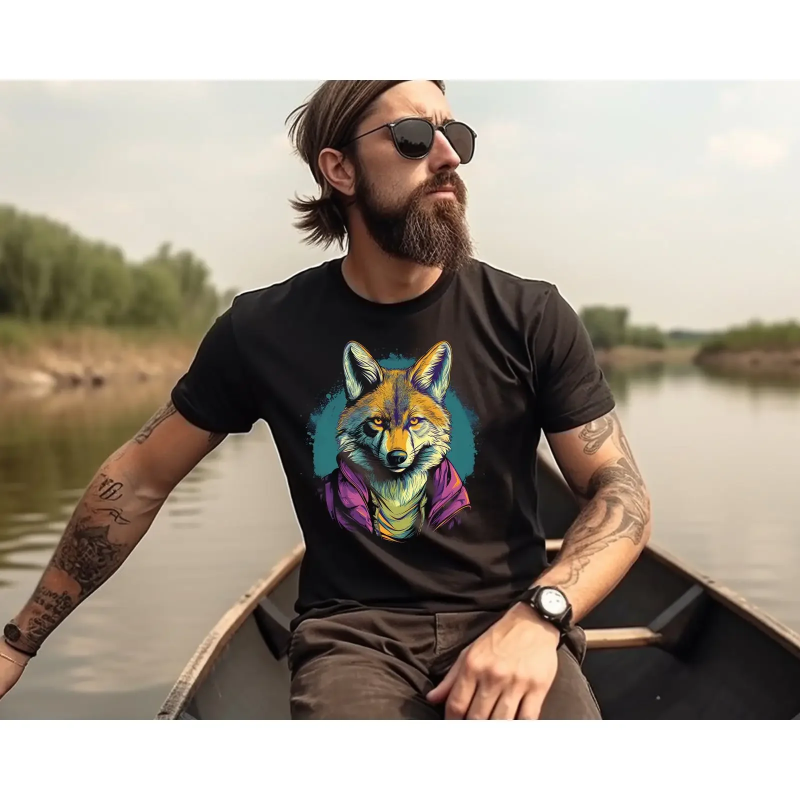 T-shirt rétro Coyote des années 80, Hipster dans un gilet, motif animal amusant, vintage, légèrement délavé, mode homme, vêtements de créateur respirants